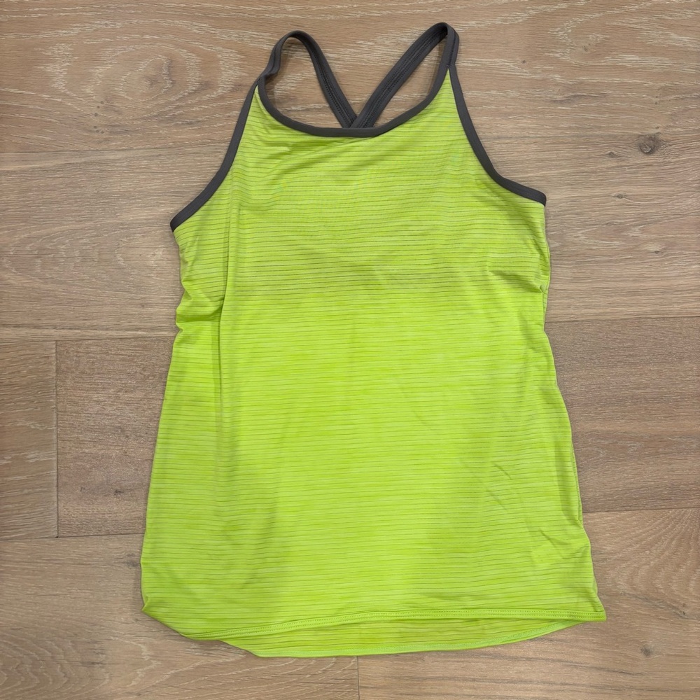 Athleta Girl neon yellow tank with gray trim and built in bra